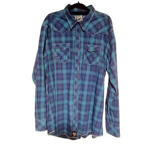 Rock 47 By Wrangler Mens Pearl Snap Shirt 3XL Blue Cotton Long Sleeve Western